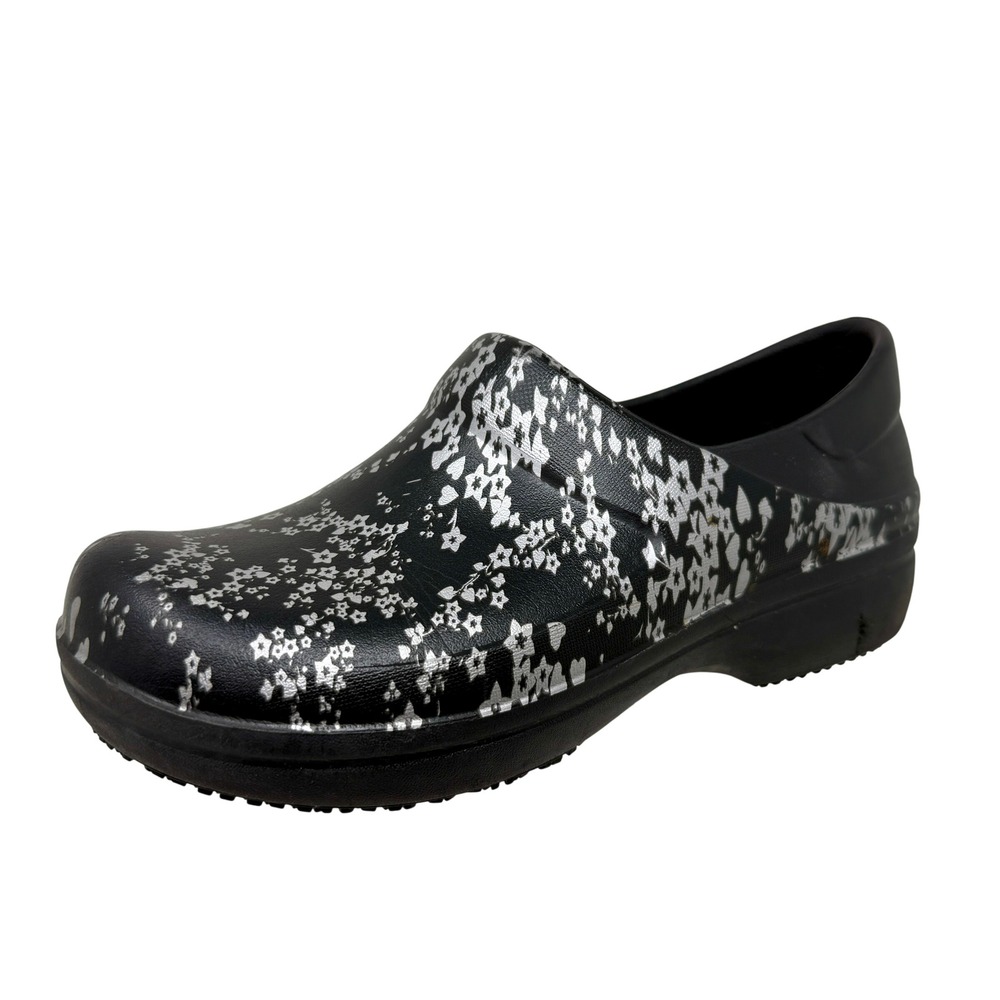 Crocs Bistro Floral Clogs Women's 7 Black Silver Slip Resistant Work Shoes